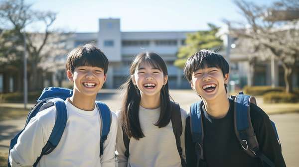 校舎の前で笑顔を見せる楽しそうな3人の学生