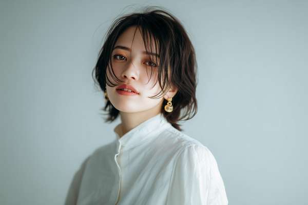 自然な表情でカメラを見つめるショートヘアの女性