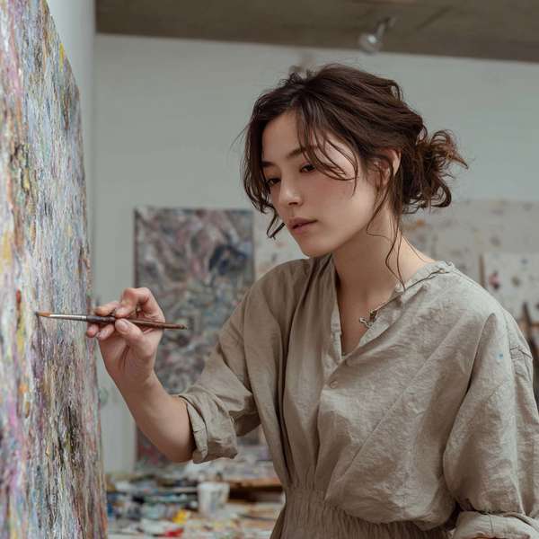 アトリエで絵画制作に取り組む女性アーティスト