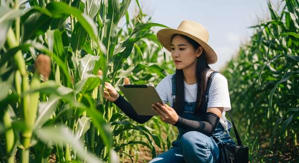 トウモロコシ畑でタブレットを使って生育調査をする女性農家