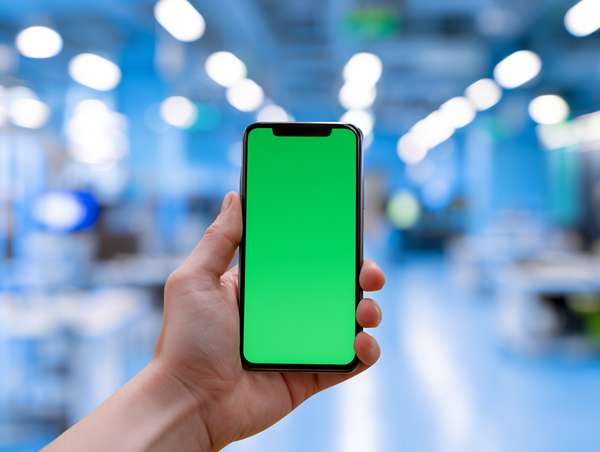 グリーンバックのスマートフォンを持つ手