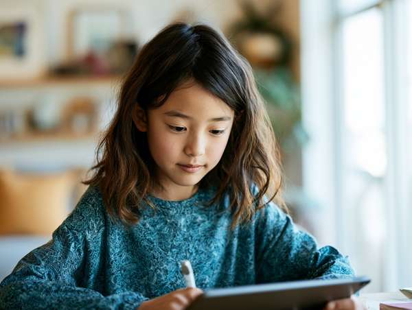 タブレット端末で学習する少女